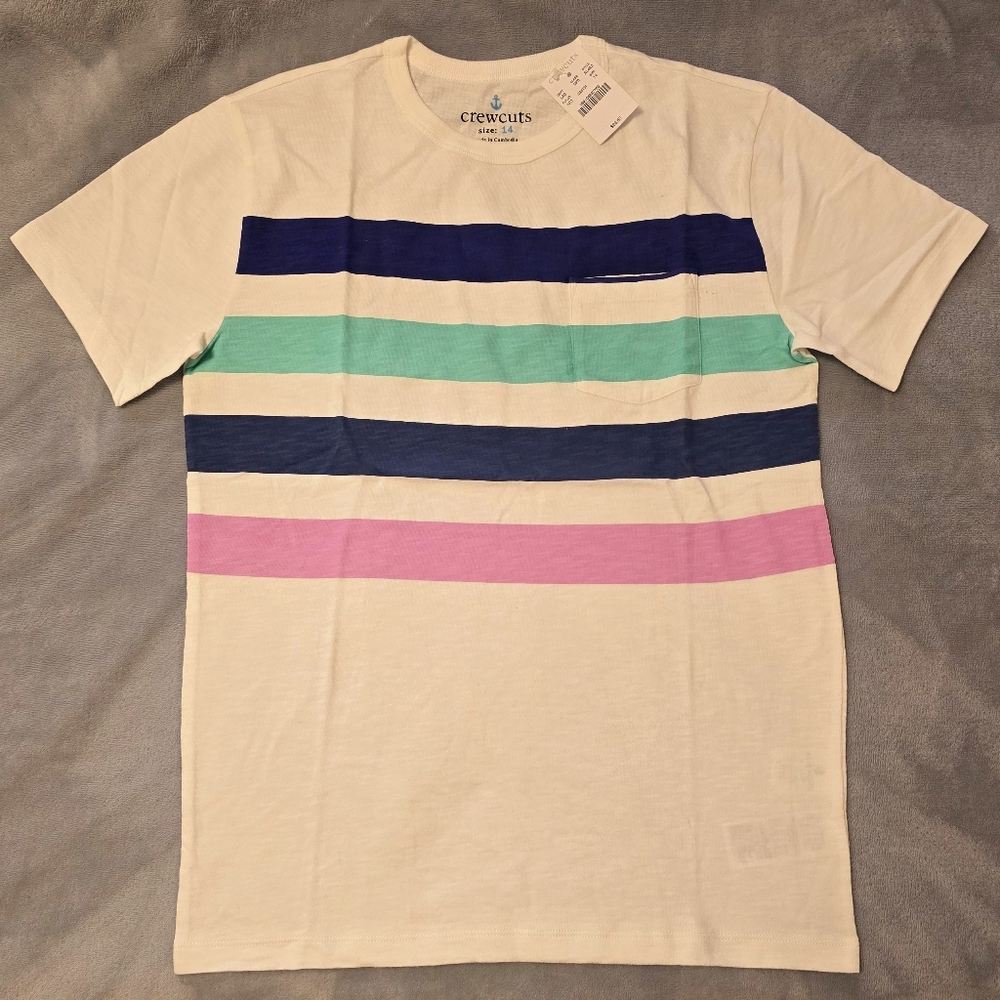 NWT Crewcuts Stripe T-shirt Top White/Blue/Pink/Aqua New Boy 14